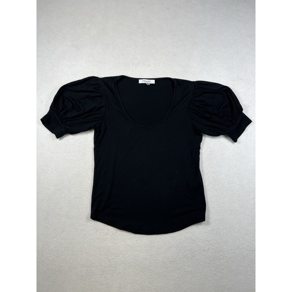 Women's FRAME Denim Puff Sleeve Short Sleeve Top In Black SZ‎ S